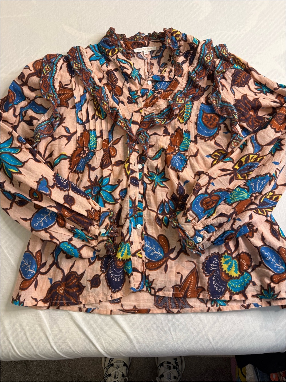 Women’s Floral Print Ruffle Button-Front Top - Pink/Blue/Brown